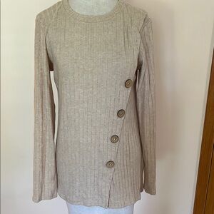 Beige Ribbed Long Sleeve Top with Button Detail